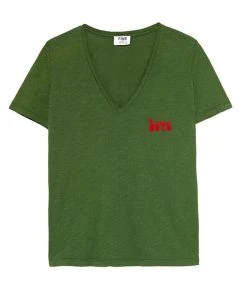Five Jeans Green T-Shirt -Fashion Clothing FoveJeans Green V Love Tee Packshot Biscuit Clothing