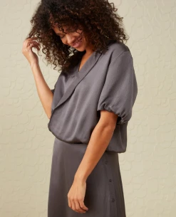 Yaya Magnet Grey Blouson Top -Fashion Clothing YYayaV NeckMagnetGreyBlouse 2