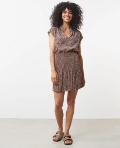 Yaya Printed Brown Plisse Skirt