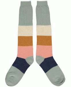 Catherine Tough Green Block Lambswool Knee Socks